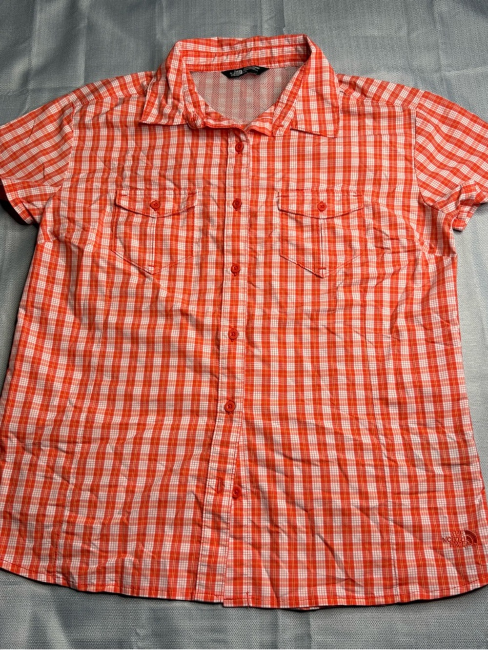 The North Face Orange and White Plaid Short-Sleeve Button Shirt